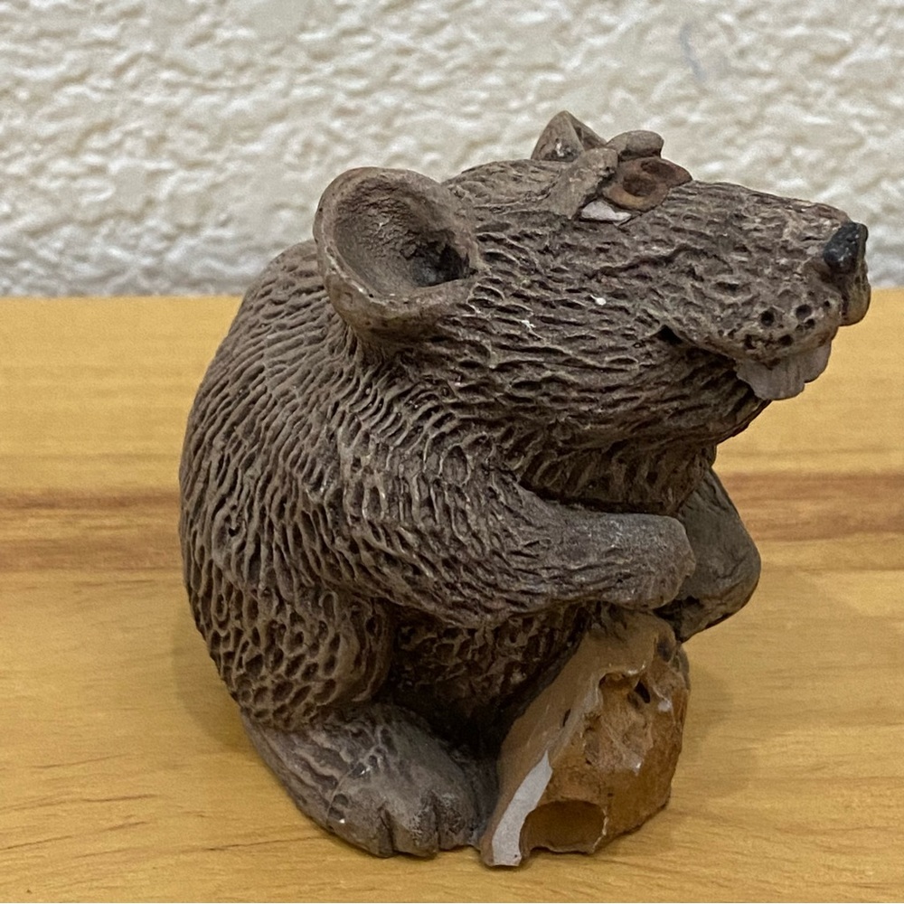Vintage Unsigned Stone-Like Carved Mouse with Cheese Ceramic Figurine